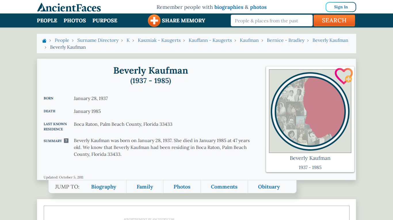 Beverly Kaufman (1937 - 1985) - Boca Raton, FL